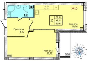 1-комн.кв., 51 м², этаж 2