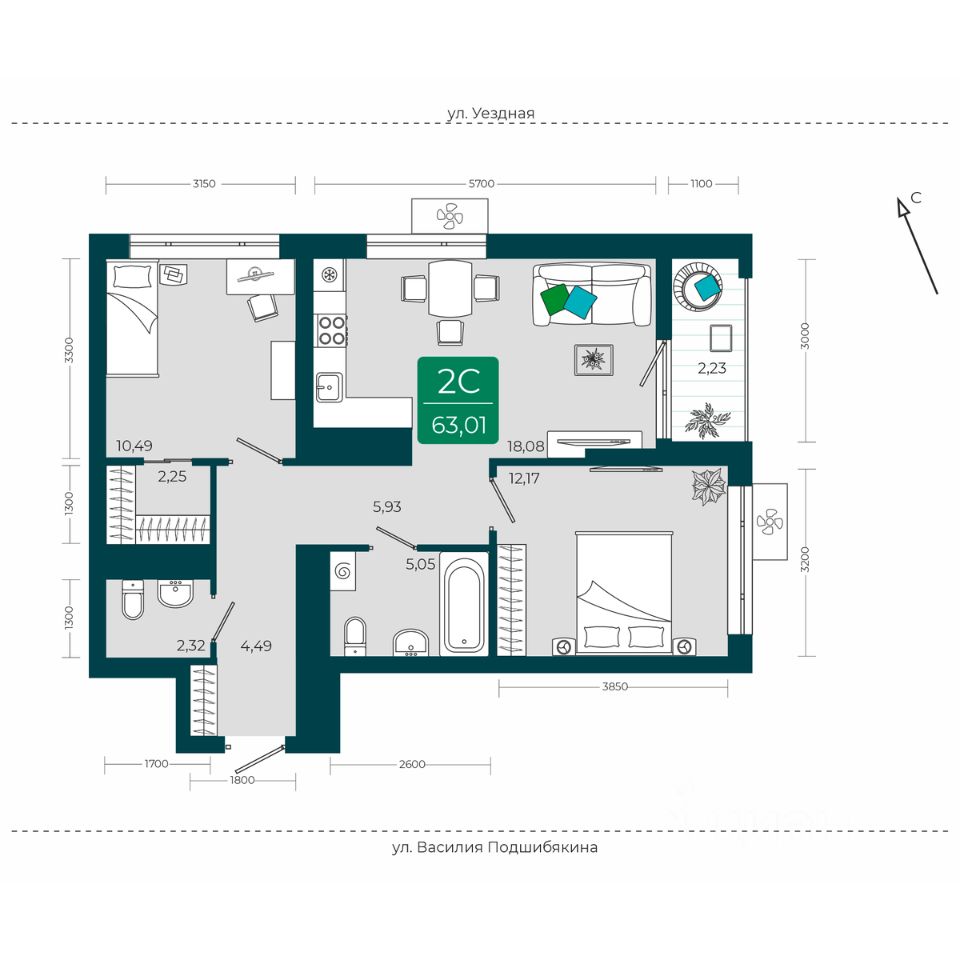 Продажа двухкомнатной квартиры 63м² ул. Арктическая, 9, Тюмень, Тюменская  область - база ЦИАН, объявление 287784370