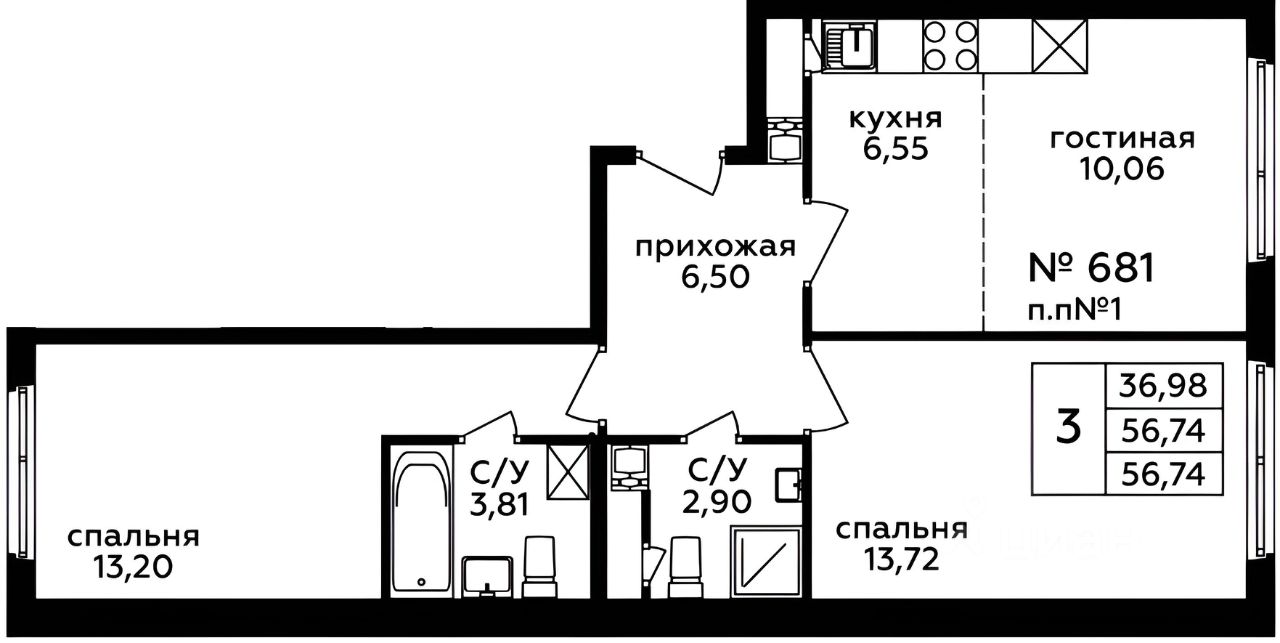 Планировка этой квартиры по данным Циан
