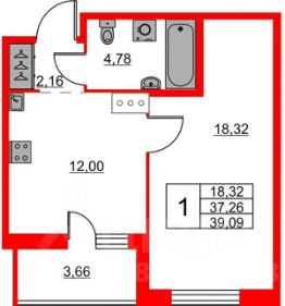 1-комн.кв., 39 м², этаж 4