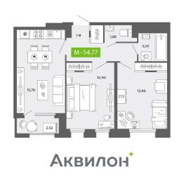 2-комн.кв., 55 м², этаж 12