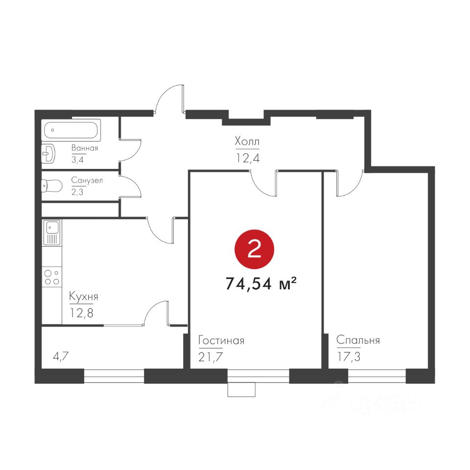 Продажа двухкомнатной квартиры 74,5м² просп. Масленникова, 14А, Самара,  Самарская область, м. Российская - база ЦИАН, объявление 273172651