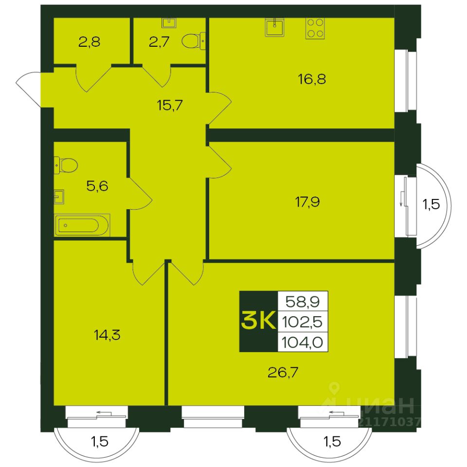 Продажа трехкомнатной квартиры 104м² просп. Чебоксарский, 47к2, Чебоксары,  Чувашская респ. - база ЦИАН, объявление 283104559