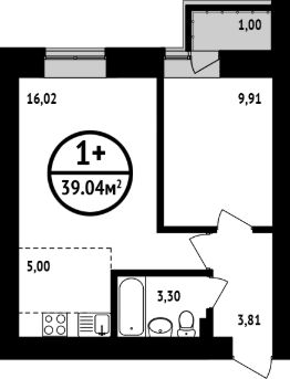 1-комн.кв., 39 м², этаж 1