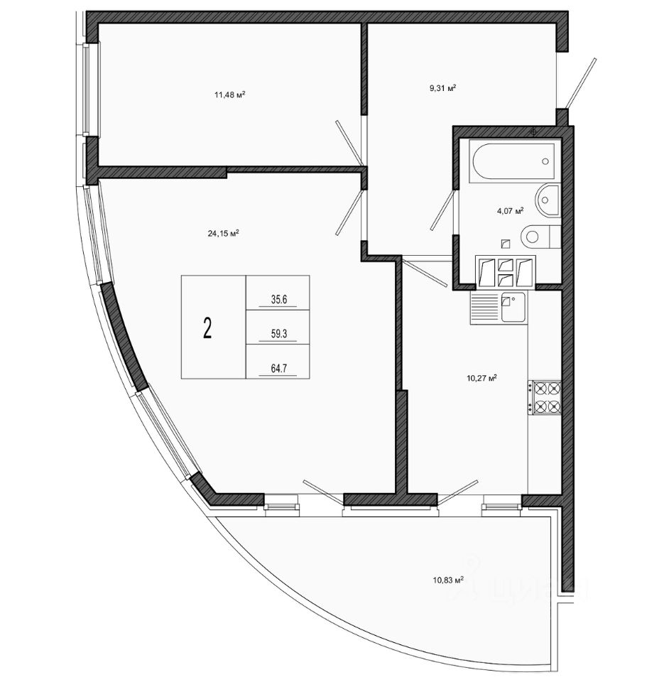 Продажа двухкомнатной квартиры 64,7м² ул. Адмирала Крузенштерна, 5,  Краснодар, Краснодарский край - база ЦИАН, объявление 275302618