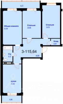 3-комн.кв., 115 м², этаж 1