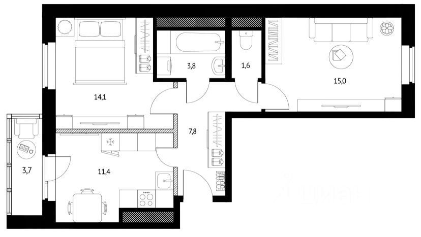 Планировка этой квартиры по данным Циан