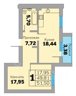 1-комн.кв., 52 м², этаж 6