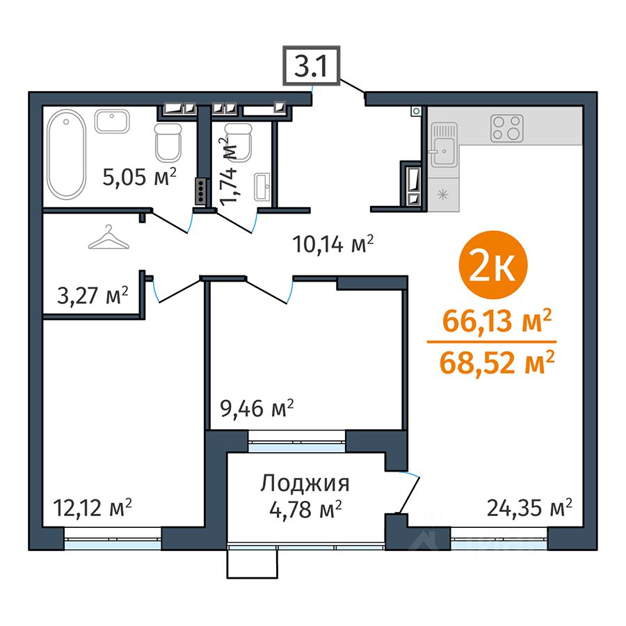 Продаю двухкомнатную квартиру 66,1м² ул. Краснооктябрьская, 12, Тюмень,  Тюменская область - база ЦИАН, объявление 285844469