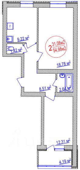 2-комн.кв., 55 м², этаж 1