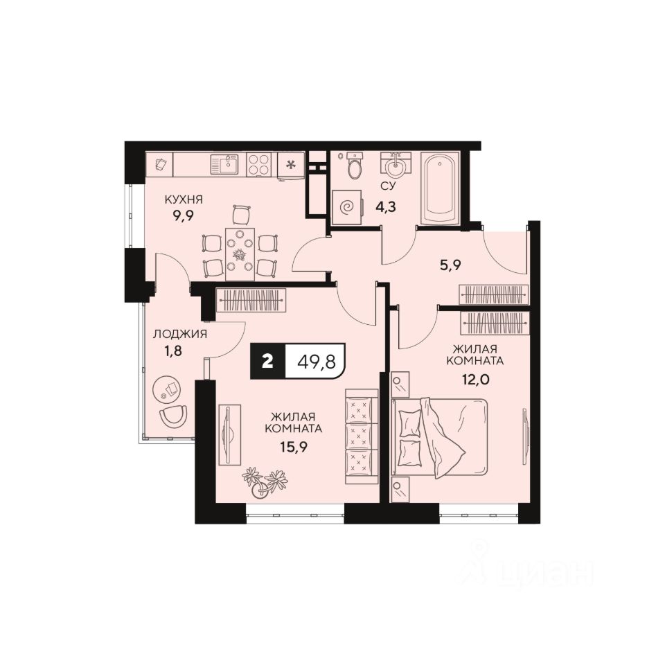 2-комн.кв., 49,8 м², 9/15 этаж