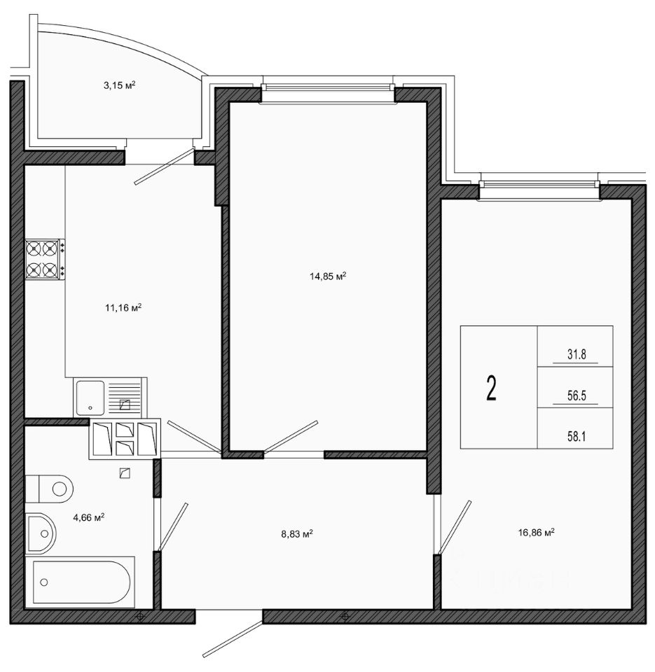 Купить двухкомнатную квартиру 58,1м² ул. Адмирала Крузенштерна, 5, Краснодар,  Краснодарский край - база ЦИАН, объявление 275310105