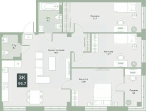 3-комн.кв., 97 м², этаж 1