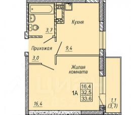 1-комн.кв., 32 м², этаж 13