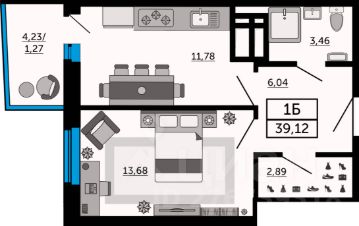 1-комн.кв., 39 м², этаж 25