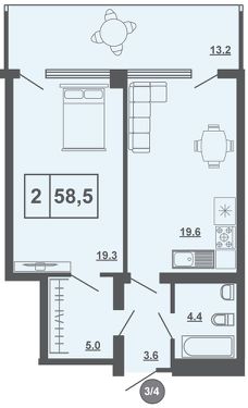 2-комн.кв., 59 м², этаж 3