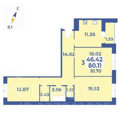 3-комн.кв., 82 м², этаж 2