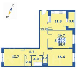 3-комн.кв., 86 м², этаж 3