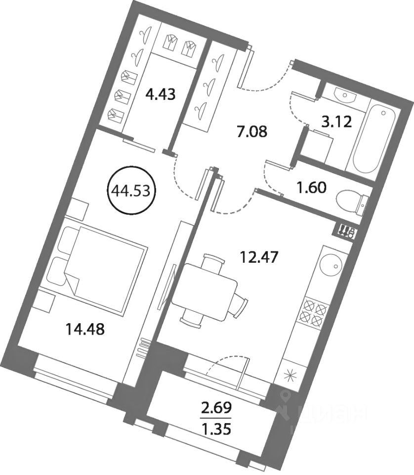 Планировка этой квартиры по данным Циан