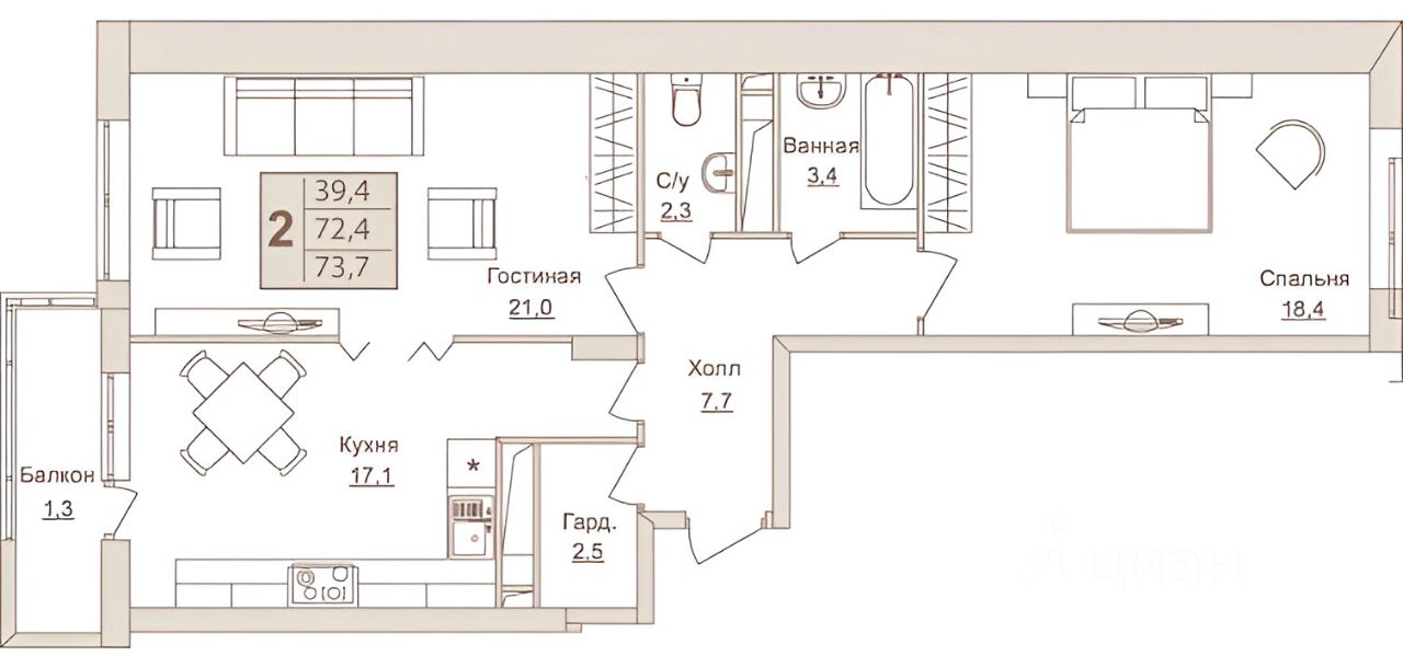 Планировка этой квартиры по данным Циан