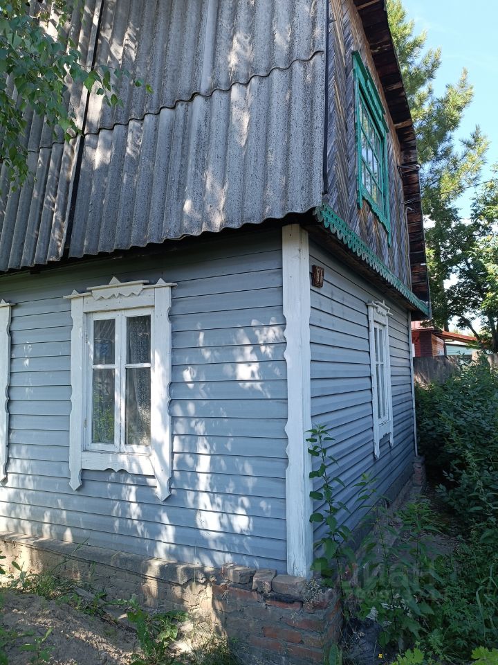 Стена деревянного дома, окрашенная в светло-голубой цвет, с белыми наличниками вокруг окон. Крыша из металлических листов, покрытая ржавчиной, с характерными волнистыми формами. Окна с двойными рамами, выполненные в традиционном стиле, имеют небольшие декоративные элементы. У основания стены видна кирпичная отмостка. Растительность вокруг дома создает уютную атмосферу. Дизайн представляет собой сочетание народного стиля и практичности, что подчеркивает уникальность данного строения.