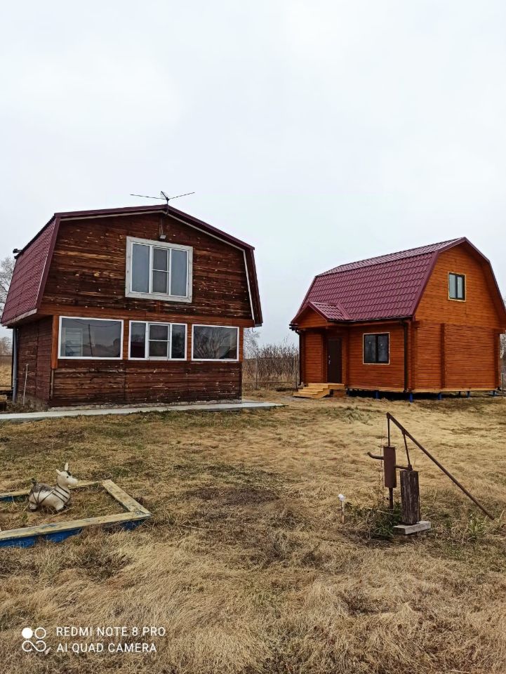 Два деревянных дома с красной крышей, выполненные в традиционном архитектурном стиле. Первый дом имеет большой фронтальный оконный проем и отделку из темного дерева, создающую уютную атмосферу. Второй дом меньше, с более простым дизайном и односкатной крышей. Оба здания расположены на открытой территории, с минимальным ландшафтным оформлением. Цвета фасадов варьируются от темного до светлого дерева, что придает гармоничность. Ступени ведут к входной двери второго дома, подчеркивая его функциональность. Пространство вокруг домов выглядит ухоженным, но без лишних деталей.