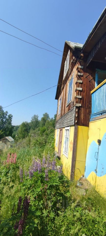 Деревянный дом в народном стиле с элементами rustic. Стены отделаны натуральным деревом, что придаёт уютный вид. Яркие желтые и голубые оттенки на фасаде создают контраст с зеленью вокруг. Окна с белыми рамами добавляют светлоты. Крыша с небольшим наклоном и черепичной отделкой подчеркивает традиционный архитектурный стиль. Вокруг дома растут цветы, такие как люпины, что создает атмосферу живописного загородного пространства. Наличие лестницы и балкона указывает на многоуровневую планировку, что добавляет функциональности и эстетики.