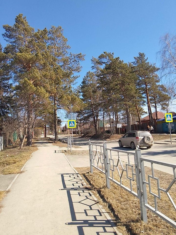 На фотографии виден тротуар, обрамленный металлическим забором с геометрическим узором. Деревья с зелеными кронами создают тень вдоль дороги. Вдали видны здания с крышей, покрытой черепицей. Асфальтированная дорога разделяет тротуар и проезжую часть, где припаркован легковой автомобиль. Дорожные знаки указывают на пешеходный переход, добавляя элемент безопасности. Цвета в основном нейтральные: серый тротуар, металлический забор и коричневая земля. Общая атмосфера спокойная и приглашающая, что делает пространство удобным для прогулок.