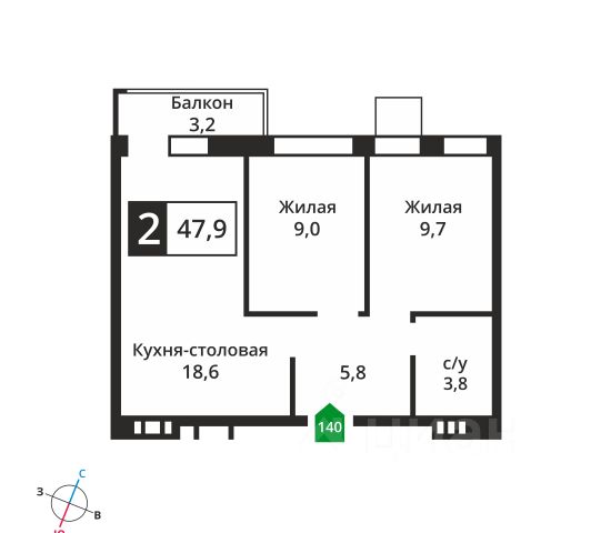 2-комн., 47,1 м², 6/6 этаж
