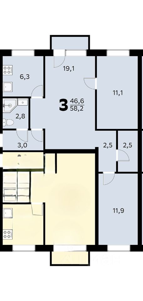 Продается3-комн.квартира,55,2м²