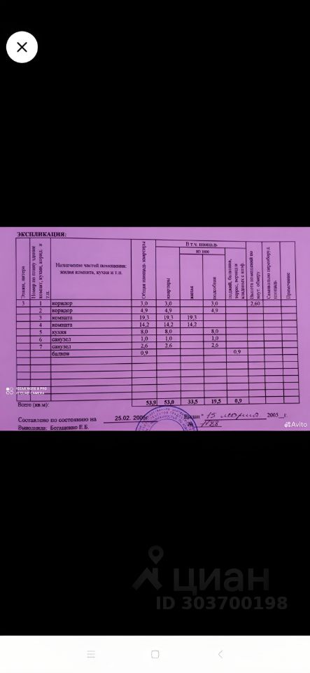 Документ содержит таблицу с характеристиками помещений, включая коридоры, комнаты, кухню и санузлы. Указаны размеры и площади каждого помещения, а также общая площадь. Цвет фона документа - светло-розовый, текст выполнен черным шрифтом. Строки таблицы четко разделены, что облегчает восприятие информации. Внизу присутствует печать и подпись, подтверждающие достоверность данных. Документ оформлен аккуратно, что свидетельствует о его официальном характере.