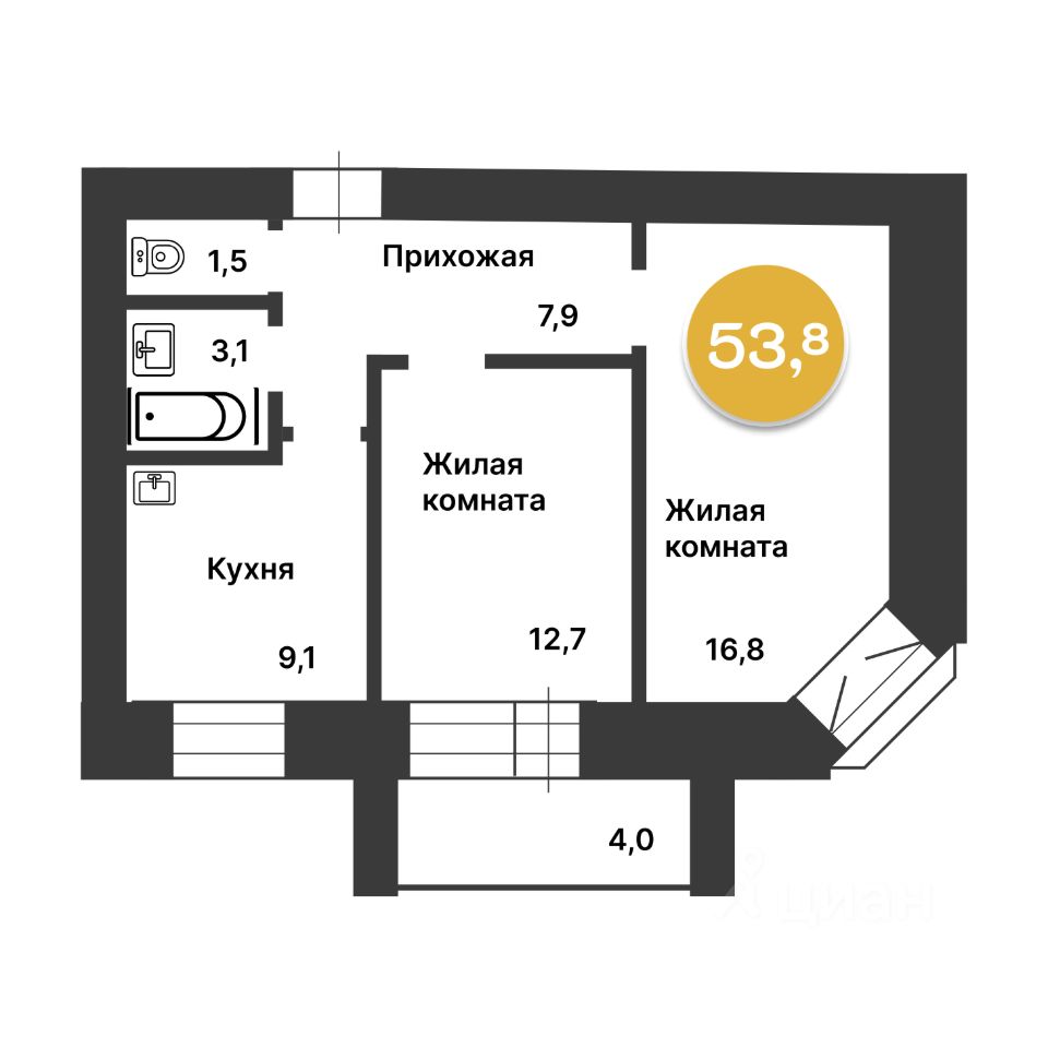 Купить двухкомнатную квартиру 53,8м² Серышевский пер., 1, Благовещенск,  Амурская область - база ЦИАН, объявление 298029012