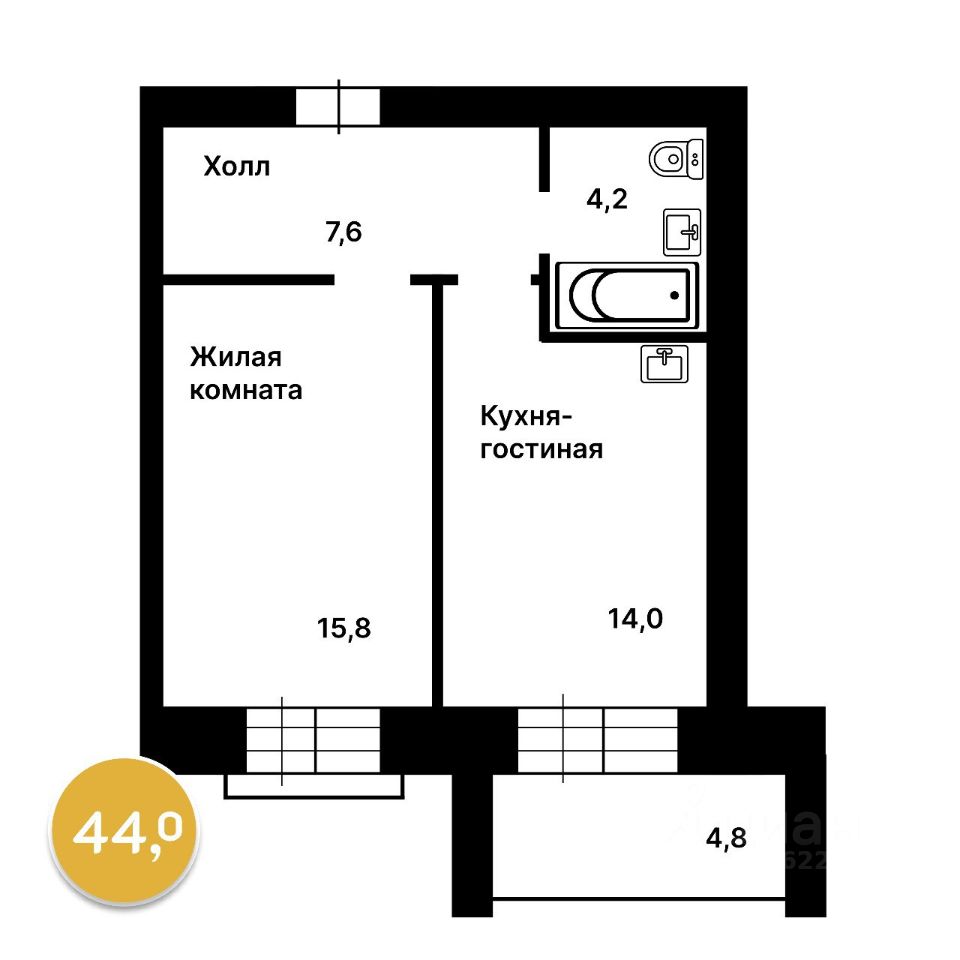 Продажа однокомнатной квартиры 44м² ул. Горького, 195, Благовещенск,  Амурская область - база ЦИАН, объявление 299622283