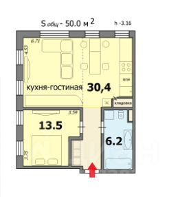 2-комн.кв., 50 м², этаж 1