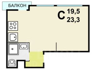 студия, 23 м², этаж 2