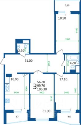 3-комн.кв., 110 м², этаж 16