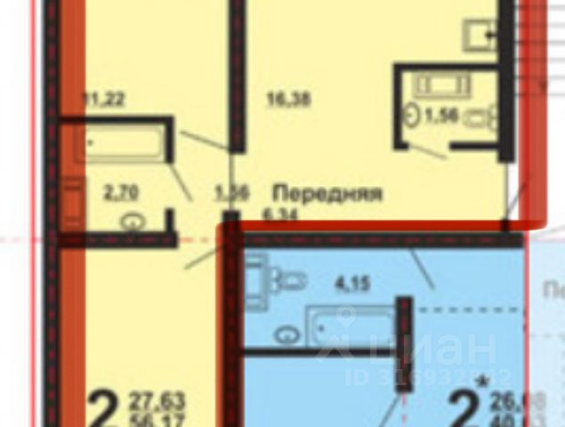 2-комн., 56,4 м², 2/10 этаж