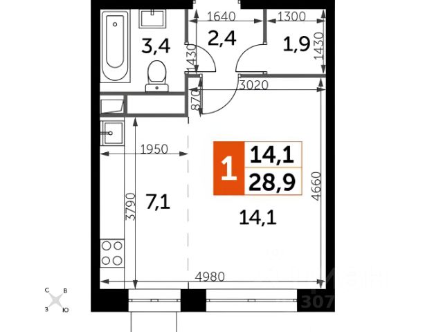 1-комн., 29 м², 6/22 этаж