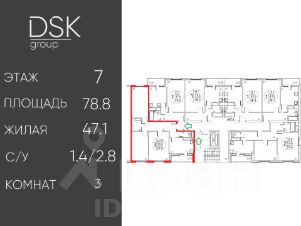 3-комн.кв., 78 м², этаж 7