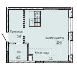 студия, 33 м², этаж 2