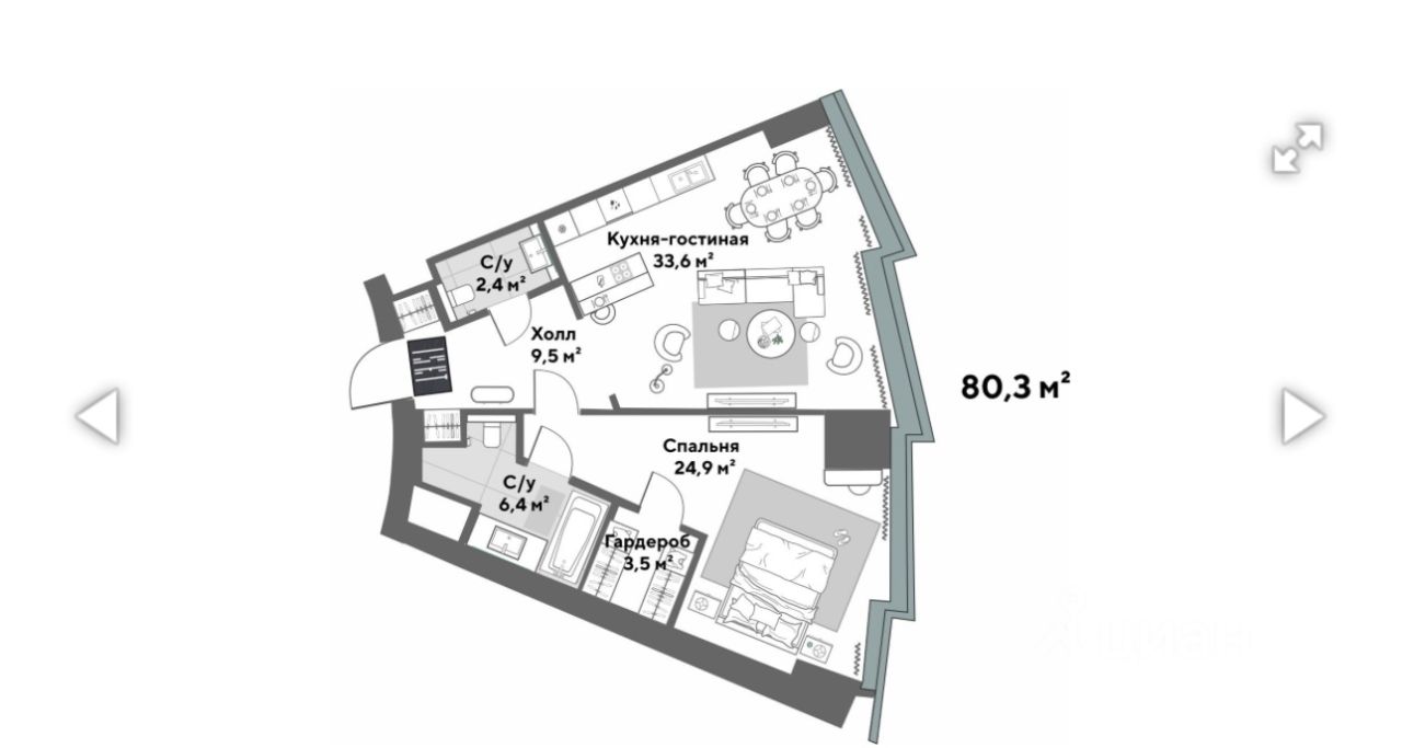 Купить 2-комнатную квартиру, ул. Бориса Ельцина, 6, 80.3 м2, 33 этаж,  35700000р - объявление №3553215 на Nedvy.ru