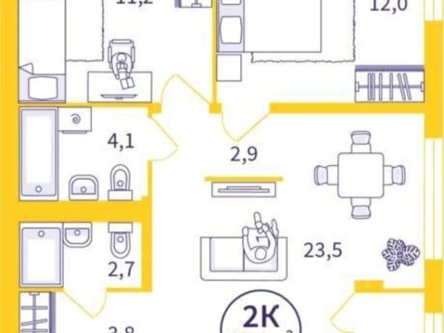 2-комн., 60 м², 14/20 этаж
