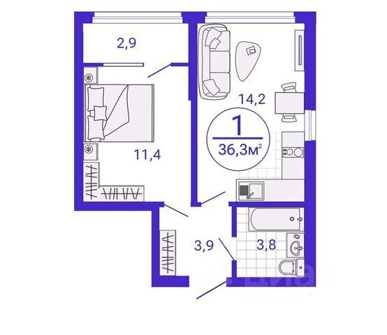 1-к кв. Свердловская область, Екатеринбург ул. Яскина, 14 (35.0 м²)
