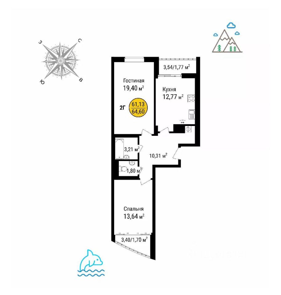 Купить двухкомнатную квартиру 64,7м² ул. Парусная, 9В, Крым респ., Ялта  городской округ, Гаспра пгт - база ЦИАН, объявление 298609524