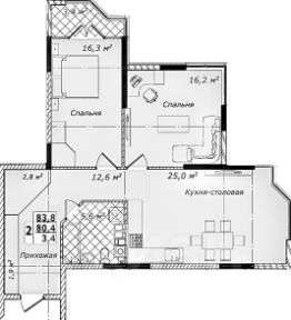 2-комн.кв., 84 м², этаж 2