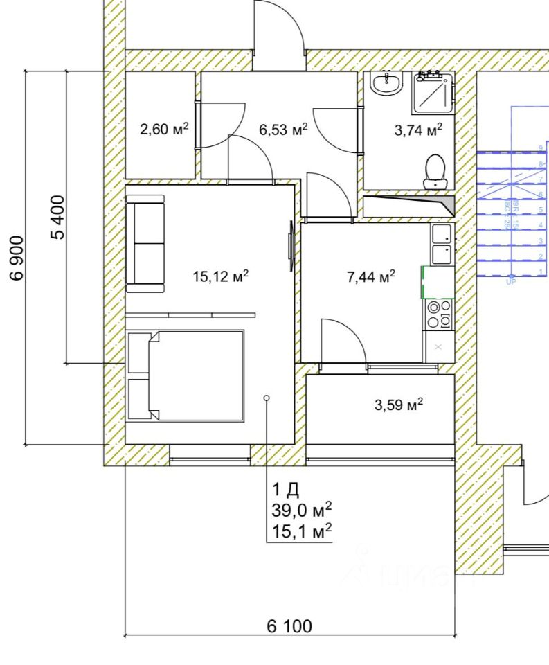 1-к кв. Чеченская республика, Грозный просп. В.В. Путина, 23Б (39.0 м²)