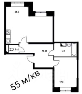 2-комн.кв., 55 м², этаж 1