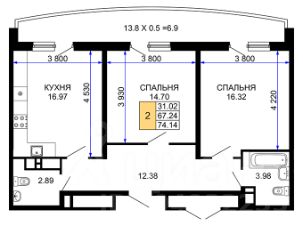 2-комн.кв., 80 м², этаж 10