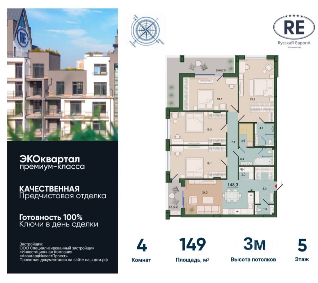 Купить четырехкомнатную квартиру 149м² ул. Молодой Гвардии, 34к2,  Калининград, Калининградская область - база ЦИАН, объявление 303614613