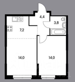 2-комн.кв., 44 м², этаж 13